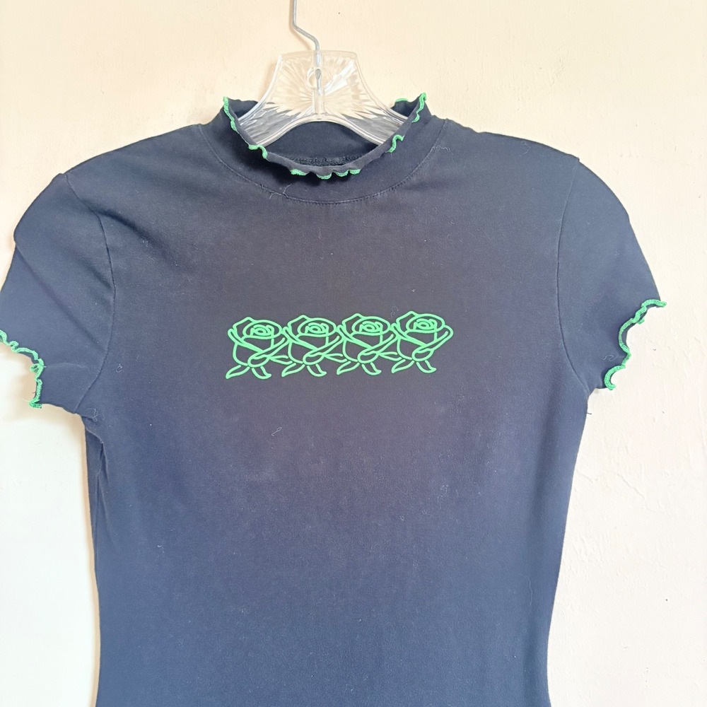 A.Lab Zumiez Blak Bodycon Neon Green Rose Print Ruffle Neck Mini Dress XS - Picture 9 of 16